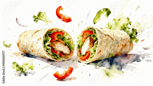Clean Eat Wrap Healthy Chicken and Vegetable Wrap isolated watercolor vector illustration svg