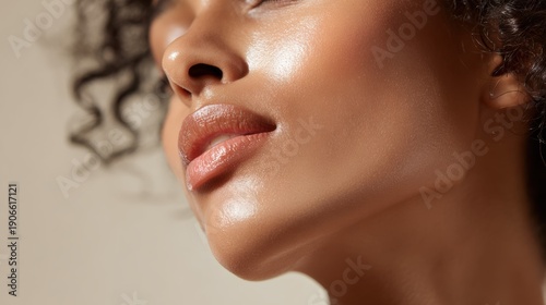 A closeup of a woman’s glowing, radiant skin and glossy lips. The smooth complexion and defined jawline highlight beauty, skincare, and natural elegance.