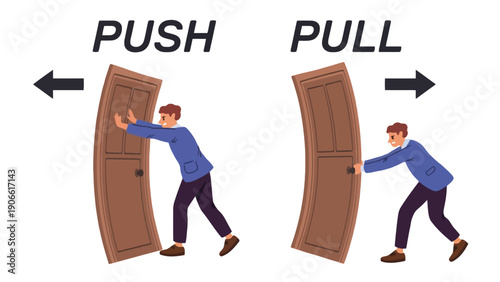 Door vector illustration showing a man pushing and pulling a door open