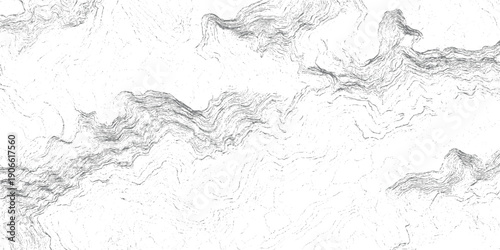 Topographic contour lines representing mountainous terrain with intricate layered patterns and scattered dots