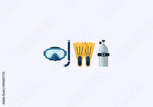 Vector Ilustration idea Concept Essential scuba diving and snorkeling gear set, featuring blue mask, snorkel, yellow fins, and silver tank.