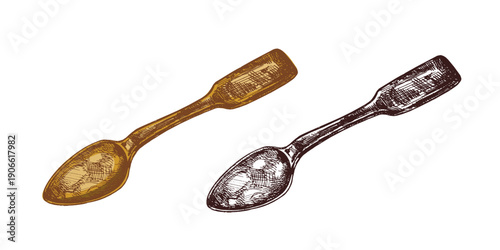 Hand drawn vintage sketch of old spoon with wide handle in bronze and monochrome version, isolated vector