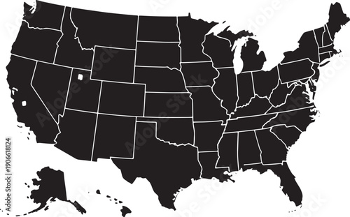 Black silhouette of the United States of America map with white state borders and outlines, including Alaska and Hawaii, isolated on a white background. 