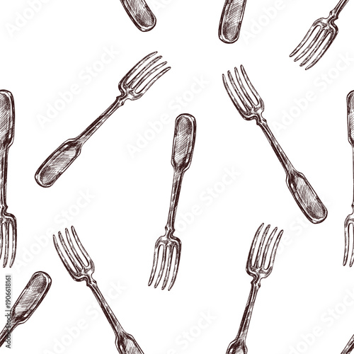 Hand drawn vintage seamless pattern of antique forks in rustic sketch style, monochrome kitchen utensil background