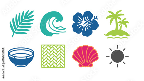 A tropical icon set featuring various summer symbols and illustrations