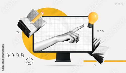 Trendy Halftone Collage Online education concept. Computer with hand, floating books and lightbulb. News course, webinar. Smart thinking and brainstorming. Contemporary vector illustration art