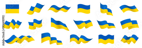Ukraine flag set, Ukrainian flag icon symbol, 3D waving flag