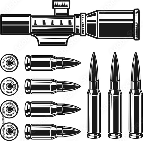 A black and white vector set featuring a telescopic rifle scope, various high-caliber bullets, and bullet headstamps. A high-contrast technical illustration on white.