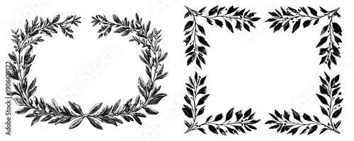 Elegant Black and White Laurel Wreath Artwork