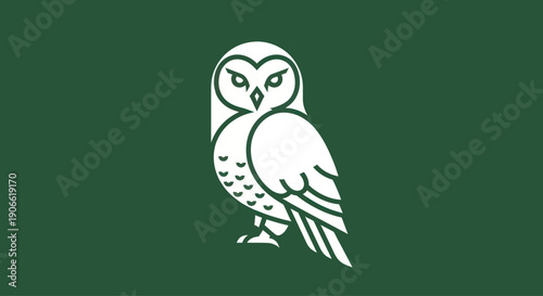 Stylized white owl illustration on a dark green background, minimalist design
