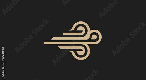 Stylized Wind Icon, Abstract Swirls, Natural Element, Beige on Black Background