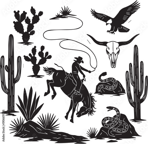 Western cowboy lassoing horse in desert silhouette