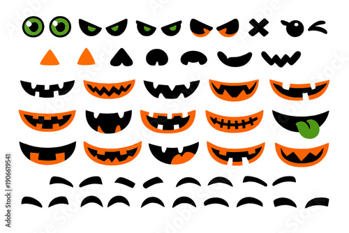 Halloween Pumpkin Faces Vector Kit. Scary Jack O'Lantern Eyes, Mouths, Noses, and Eyebrows. Customizable DIY Flat Icons for Spooky Design.