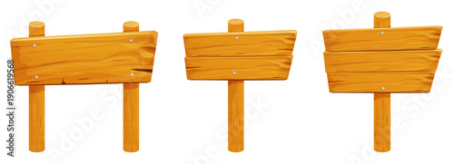 Set of wooden textured panels, signboards with pointer, fence with nails. Rustic board, plank with place. Ui game menu interface, design elements assets