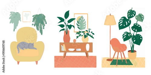 Stylized illustration of a living room interior with plants and furniture