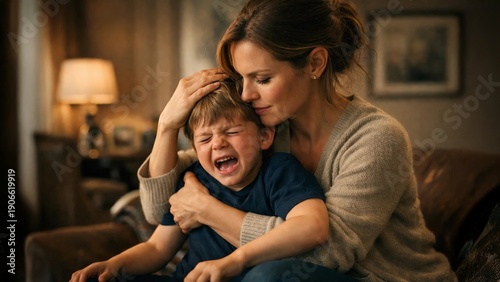 Caring mother hugs crying son, calming tantrum and offering comfort during emotional meltdown at home.