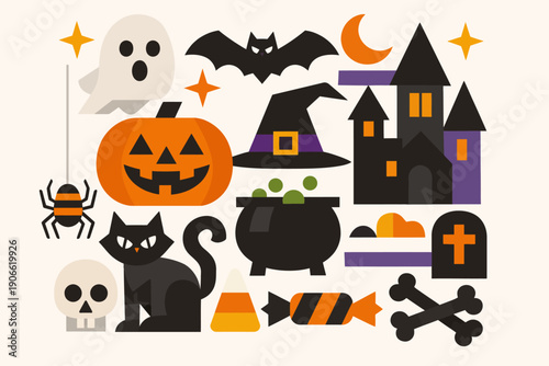 Cute Halloween Icons Vector Set. Flat design collection featuring Ghost, Pumpkin, Black Cat, Bat, Witch Hat, and Haunted Castle elements.