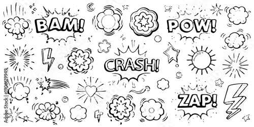 A collection of whimsical hand drawn doodle shapes on a black background