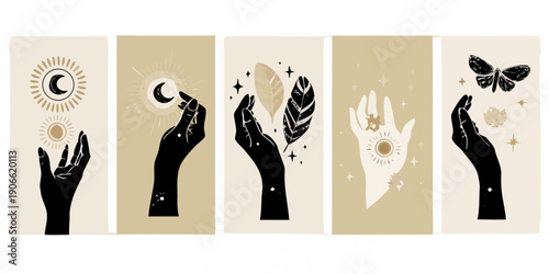 Mystical hands and celestial symbols arranged in a vertical composition