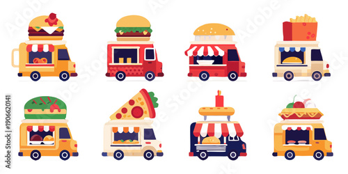 Colorful food trucks offering burgers pizza and other tasty treats