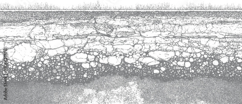 Cross section of soil layers with grass on and pebbles below rendered in grayscale stippling earth ground
