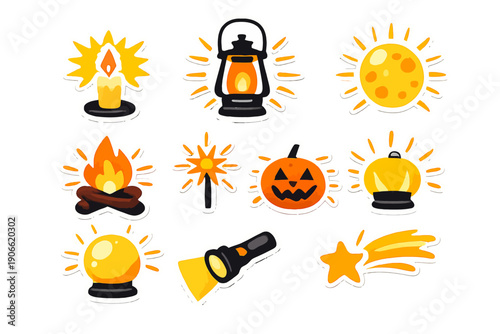 Cute Illumination Stickers Set: Candle, Lantern, Campfire, Halloween Jack-o'-Lantern, Moon, Flashlight, and Fire Symbols Vector