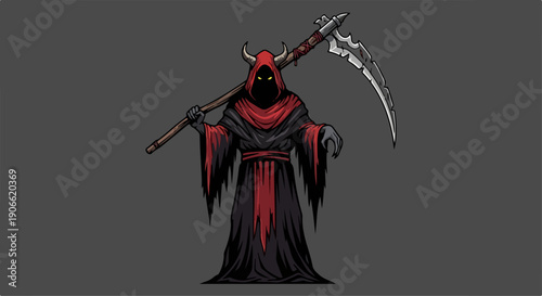 flat illustration of a devil in a red robe and carrying his weapon