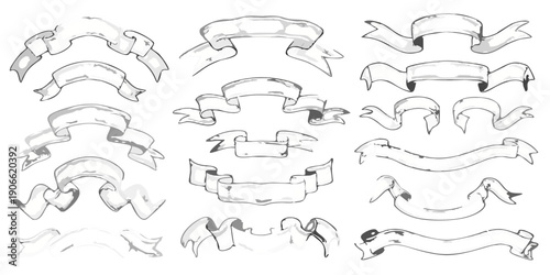 Collection of ornate silver ribbons and scrollwork designs on black background