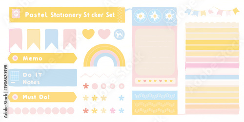 A pastel stationery sticker set with rainbow stars and memo elements