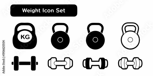 Black and white icons depicting kettlebells and barbells for weight training