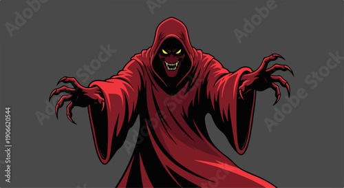 flat illustration of a demon in a red robe and carrying a fireball