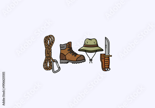 Vector Ilustration idea Concept Essential outdoor adventure gear - sturdy hiking boot, coiled rope, carabiner, boonie hat, and survival knife.