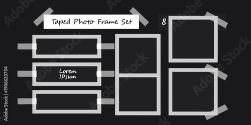 Arrangement of empty taped photo frames on a dark background