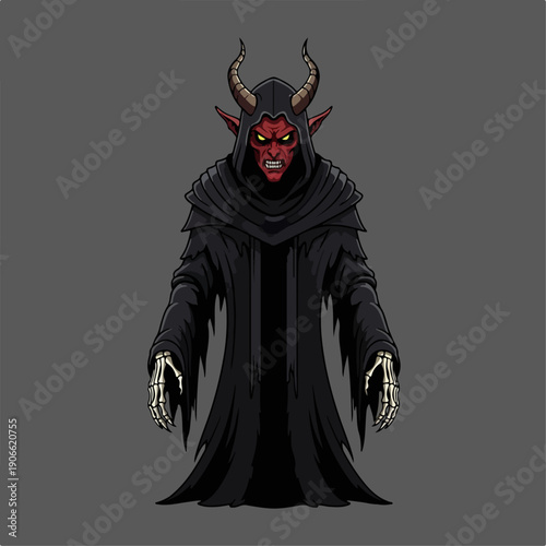 flat illustration of a devil in a robe and carrying a fireball