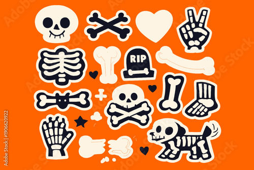Cute Halloween Skeleton and Bone Sticker Set. Cartoon Skull, Crossbones, Ribcage, and Dog Vector Patch Collection for Spooky Design.