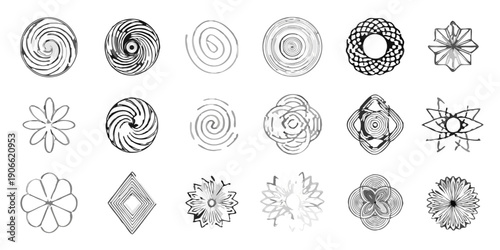 Arrangement of intricate spiral and floral like patterns on a black background