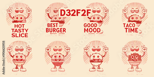 Cartoon burger characters with hand gestures and positive food slogans