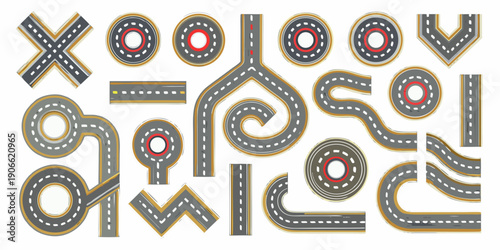 A collection of illustrated road segments and junctions in a playful style