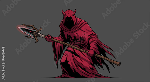 flat illustration of a devil in a red robe and carrying his weapon