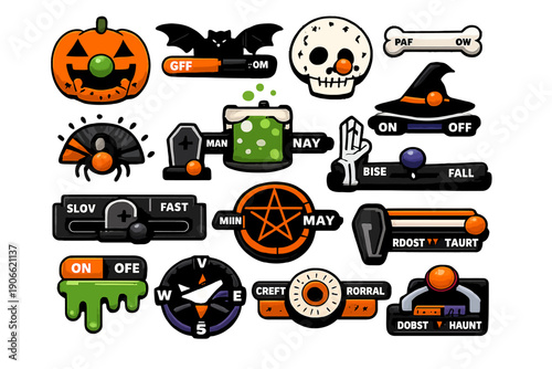 Halloween Themed Game UI Kit. Vector collection of spooky buttons, sliders, icons, and progress bars: Jack-o'-lantern, Skull, Bat, Witch Hat, Cauldron.