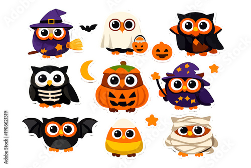 Cute Halloween Owl Stickers Set. Cartoon Vector Collection of Owls Dressed as Witch, Ghost, Mummy, Pumpkin, Bat, and Skeleton. Adorable holiday characters.