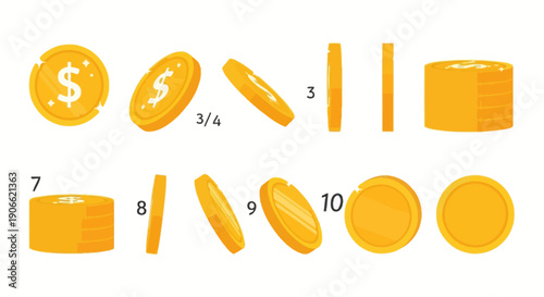 Collection of Gold Coin Illustrations Showing Different Angles and Stacks