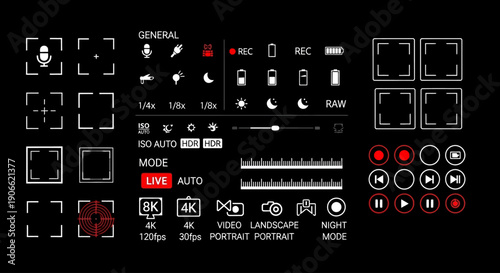 Comprehensive Set of Modern Digital Camera and Video Recorder User Interface Elements on Black Background for Professional Media Production