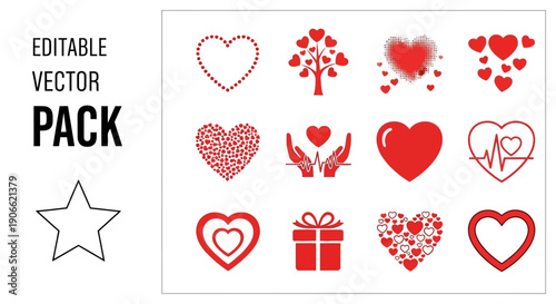 Collection of editable vector icons featuring hearts, gift box, and medical heartbeat line, perfect for romantic or health-related designs
