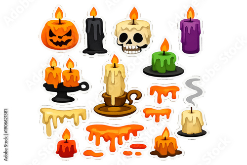 Halloween Spooky Candles Sticker Collection. Cartoon Jack-O'-Lantern, Skull, and Melting Wax Icons for Magic and Horror Designs.
