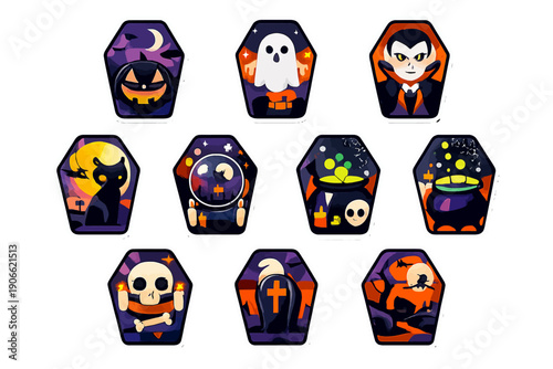 Cartoon Halloween Coffin Sticker Set: Spooky Icons Bundle with Vampire, Ghost, Pumpkin, Black Cat, and Cauldron Decals. Vector Collection
