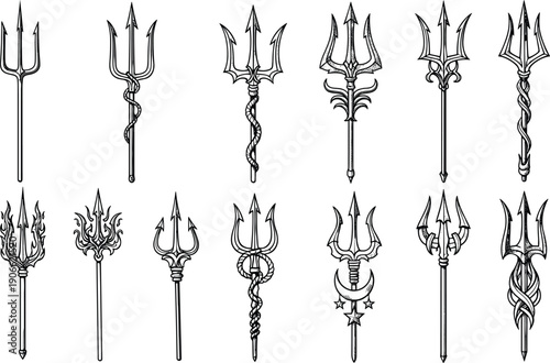 Mythical trident spear weapon illustration set featuring fantasy ornate trishula designs isolated on white background hand drawn black line art vector