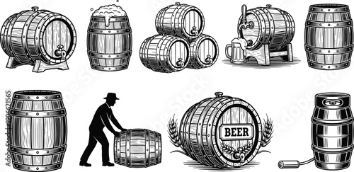 Vintage beer barrel illustration set featuring wooden kegs taps brewery storage pouring foam craft brewing elements