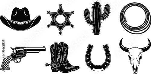 Black western cowboy symbols silhouette illustration set featuring hat revolver boots cactus rope sheriff star isolated on white background vintage wild west vector