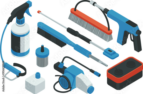 Isometric cleaning equipment illustration, pressure washer brushes spray tools industrial maintenance sanitation vector household cleaning set design